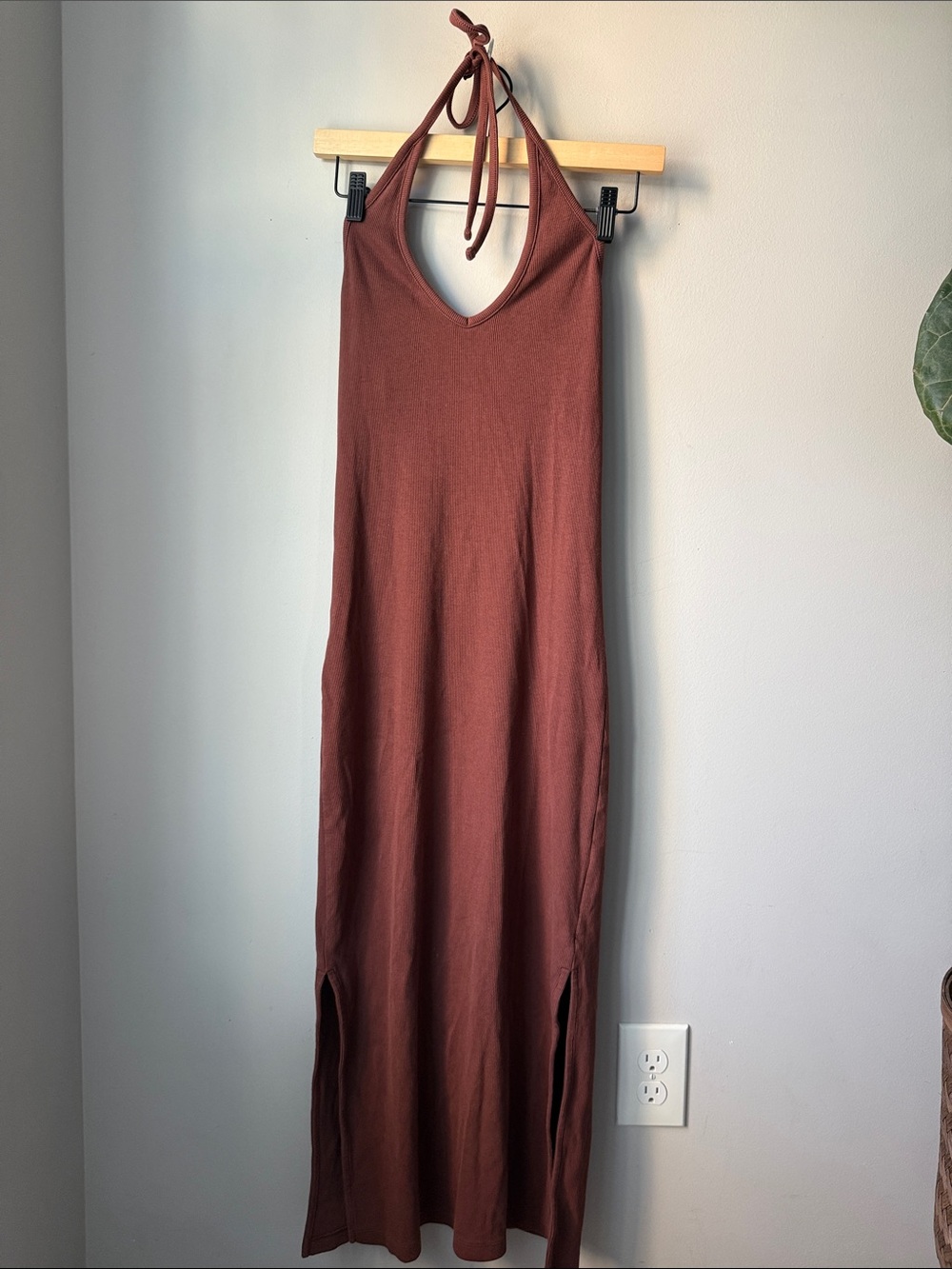 Old Navy Ribbed Halter Midi Dress Brown Side Slit Bodycon Stretch